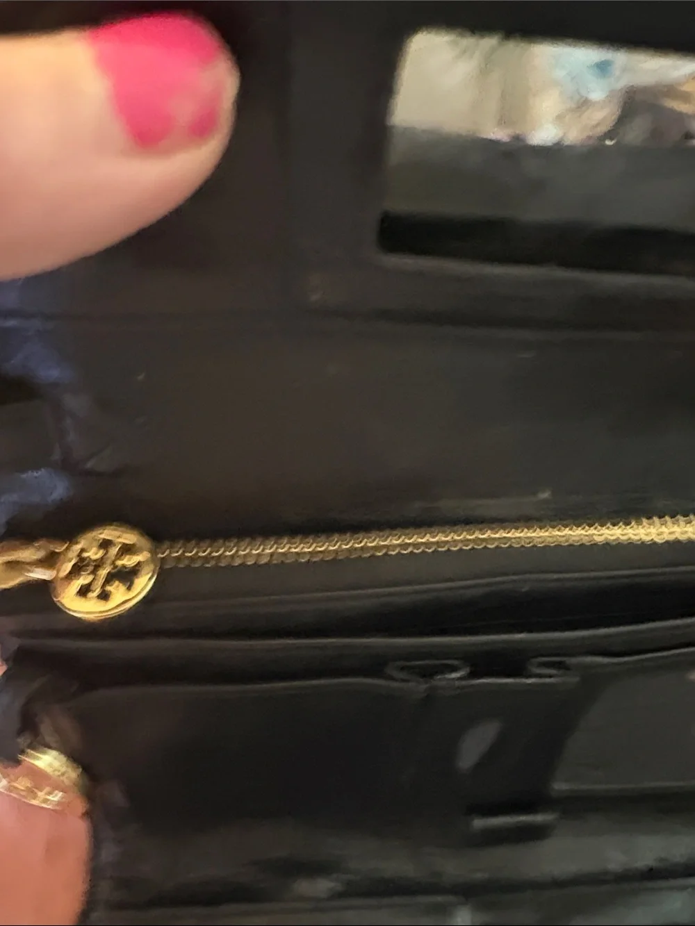 Tory Burch Black Patent Leather Envelope Wristlet with Gold Logo